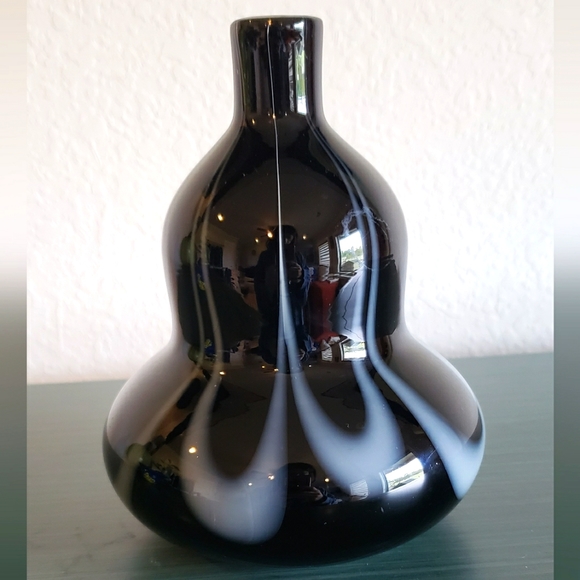 Hand Crafted Other - Vintage Handblown Art Glass Mid-Century Modern Retro Black & White Wavy 70 Vase
